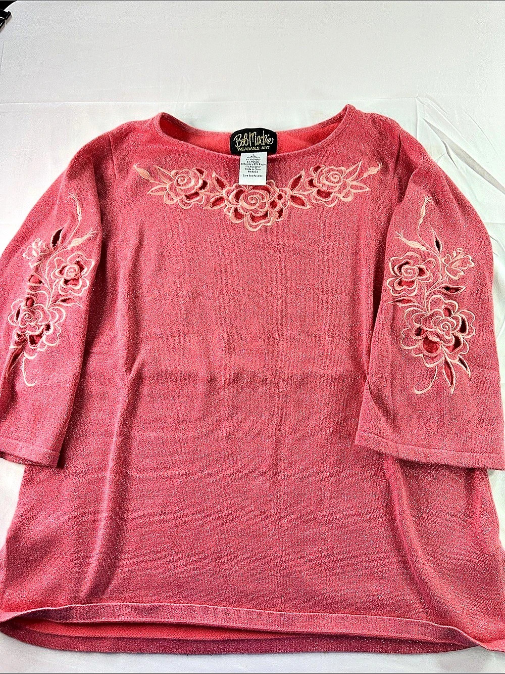 Bob Mackie Wearable Art Metallic Embroidered Cutout Rose Sweater Rose Tunic Pink